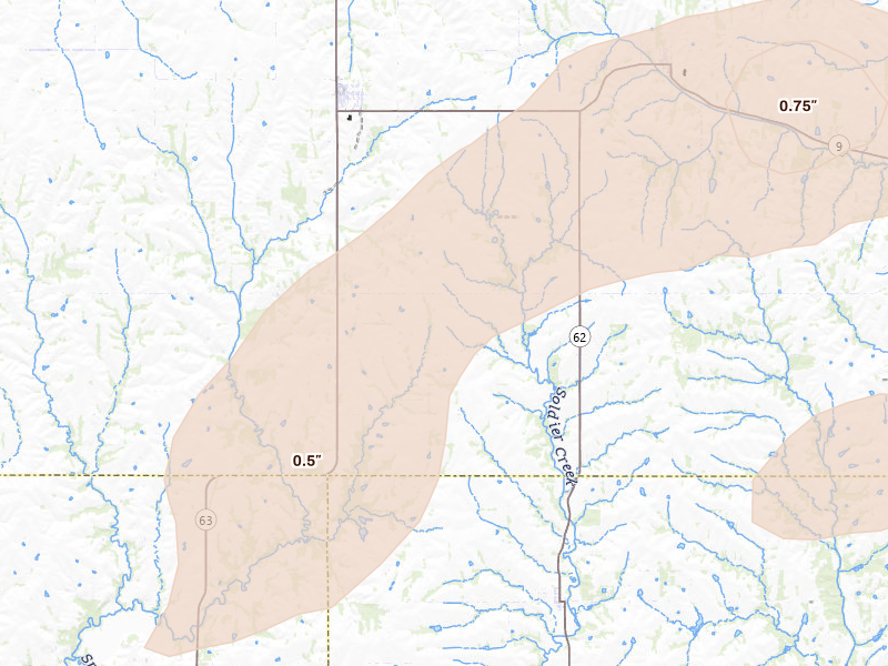 Radar-estimated hail-size map of the storm over Soldier, KS on Jul 3, 2026