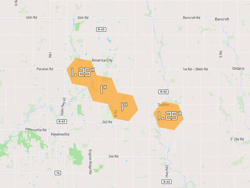 Hail map of Soldier, KS on Jul 3, 2026, hail up to 1.25"