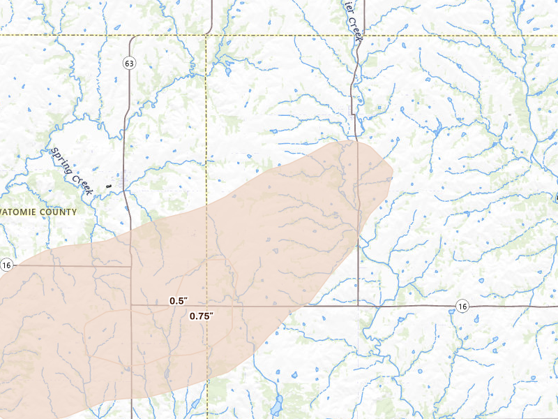 Radar-estimated hail-size map of the storm over Soldier, KS on Aug 15, 2026