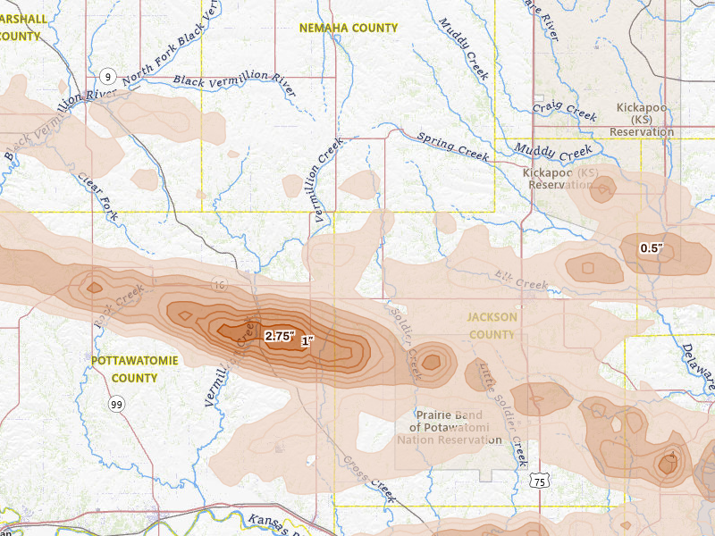 Radar-estimated hail-size map of the storm over Soldier, KS on Aug 18, 2026