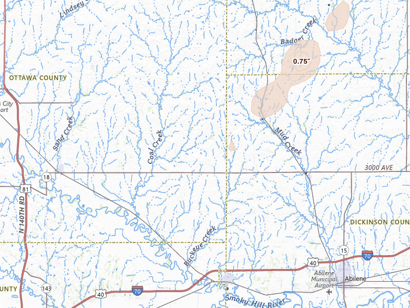 Radar-estimated hail-size map of the storm over Solomon, KS on Mar 5, 2026