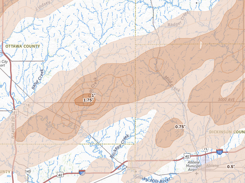 Radar-estimated hail-size map of the storm over Solomon, KS on May 18, 2026