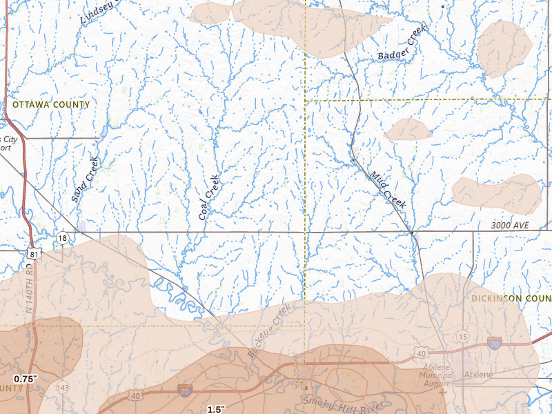 Radar-estimated hail-size map of the storm over Solomon, KS on Jun 8, 2026