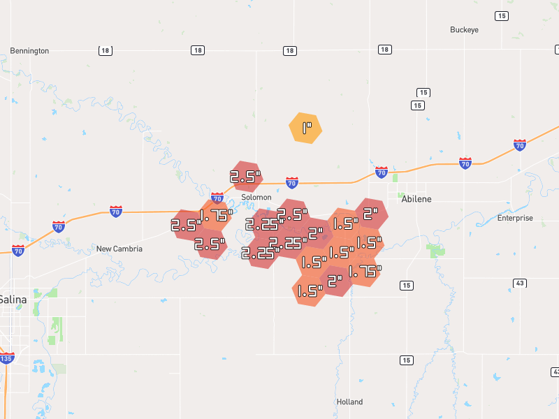 Hail map of Solomon, KS on Jun 9, 2026, hail up to 2.5"