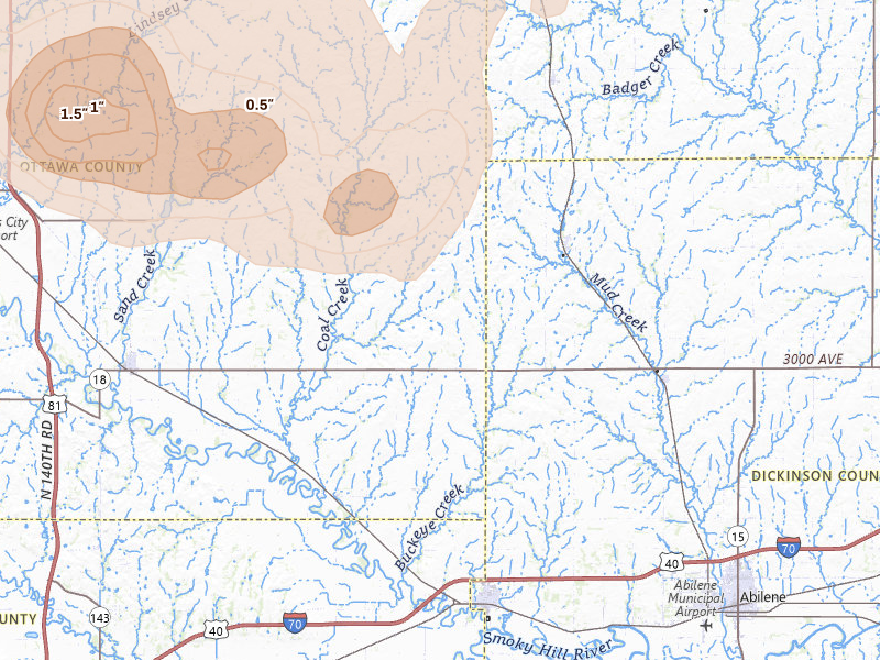 Radar-estimated hail-size map of the storm over Solomon, KS on Jul 3, 2026