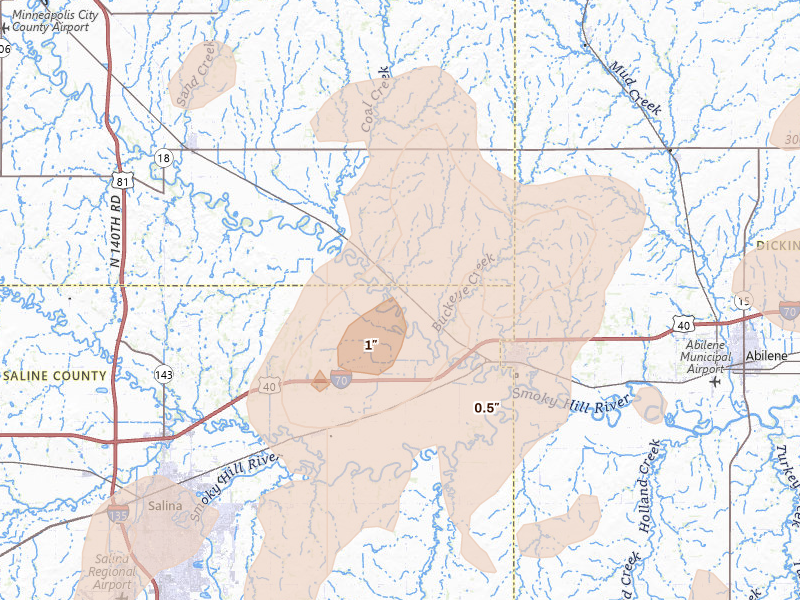Radar-estimated hail-size map of the storm over Solomon, KS on Aug 13, 2026