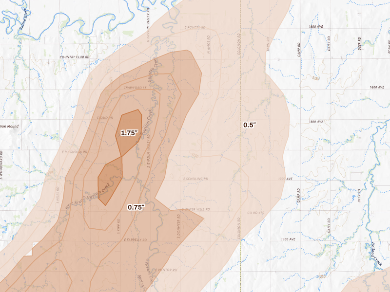 Radar-estimated hail-size map of the storm over Solomon, KS on Sep 19, 2026