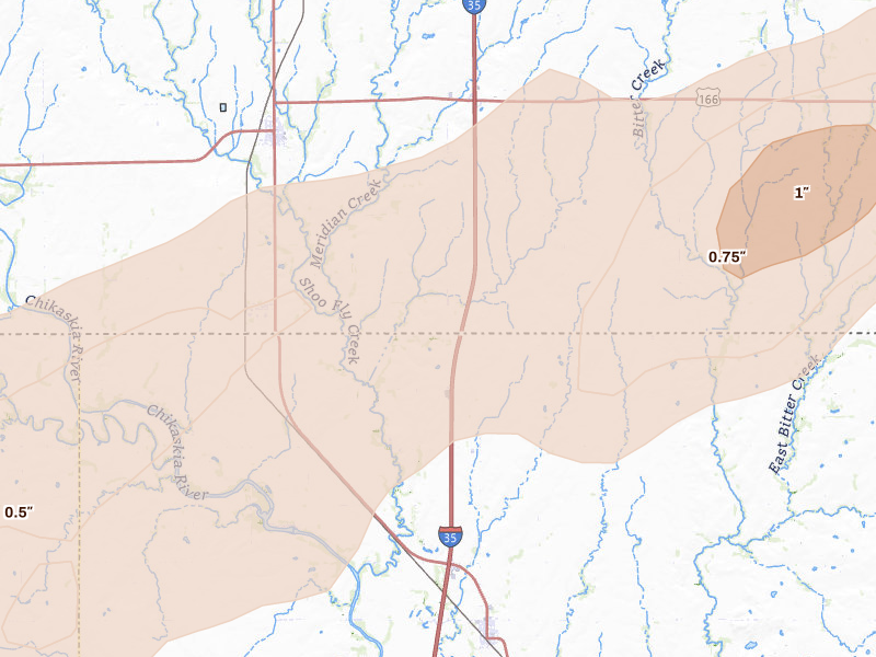 Radar-estimated hail-size map of the storm over South Haven, KS on Apr 17, 2026