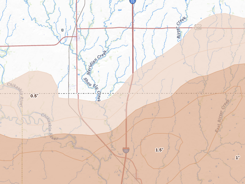 Radar-estimated hail-size map of the storm over South Haven, KS on Apr 23, 2026