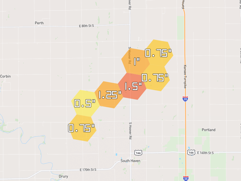 Hail map of South Haven, KS on Jun 4, 2026, hail up to 1.5"