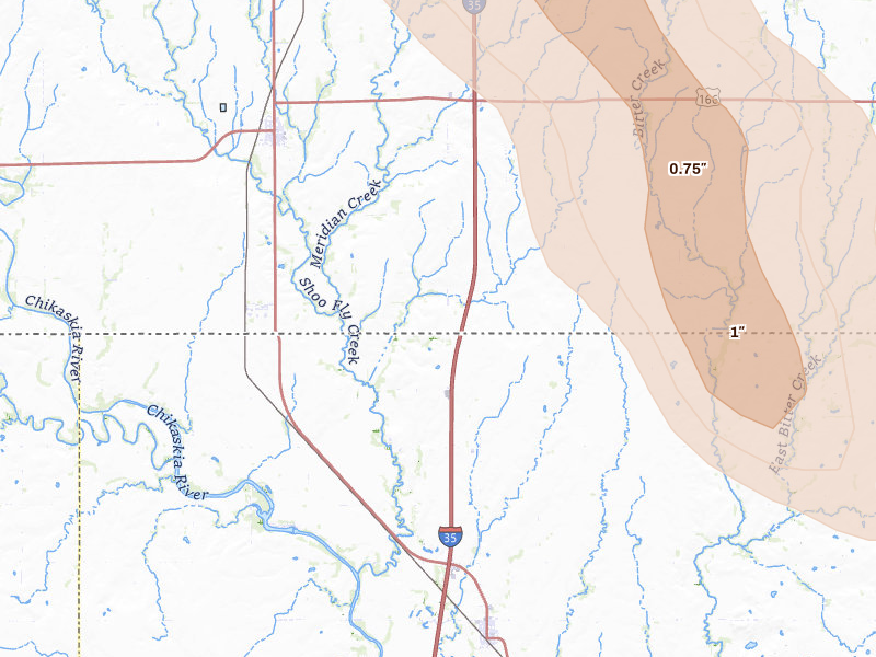 Radar-estimated hail-size map of the storm over South Haven, KS on Jun 18, 2026