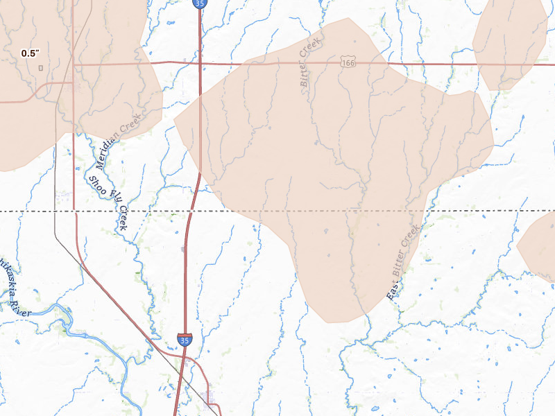 Radar-estimated hail-size map of the storm over South Haven, KS on Jun 25, 2026