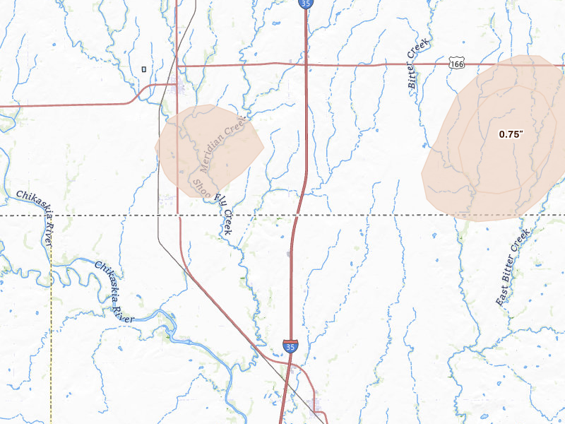 Radar-estimated hail-size map of the storm over South Haven, KS on Jul 11, 2026