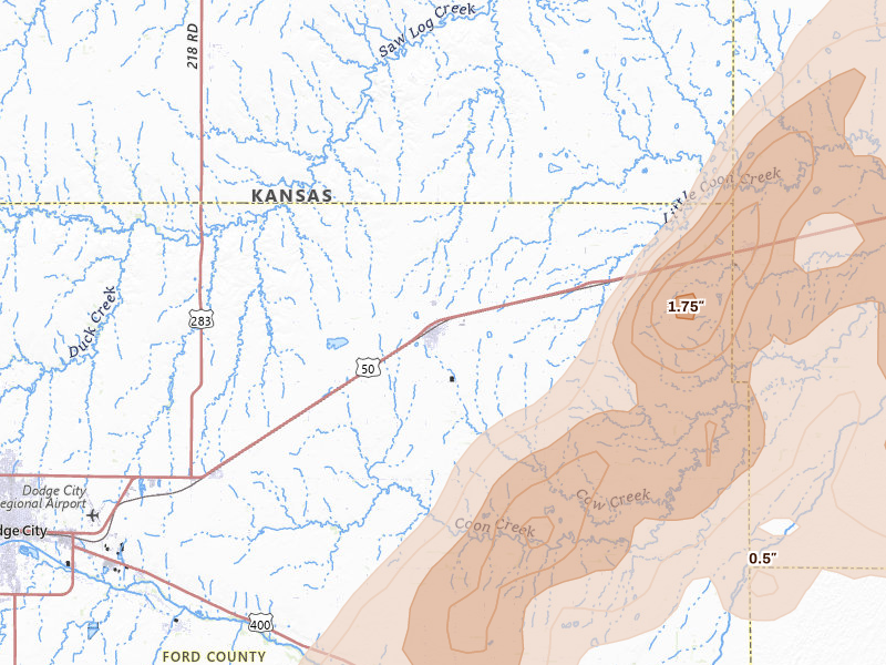 Radar-estimated hail-size map of the storm over Spearville, KS on May 18, 2026