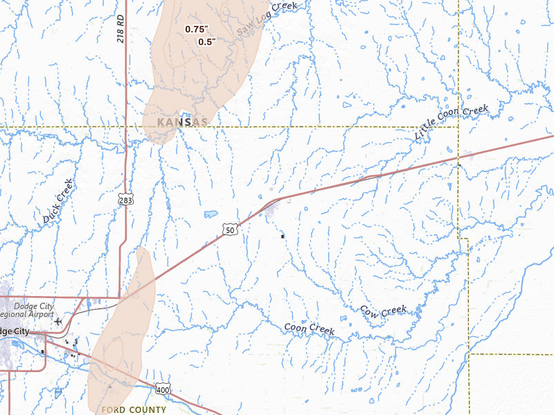 Radar-estimated hail-size map of the storm over Spearville, KS on May 30, 2026