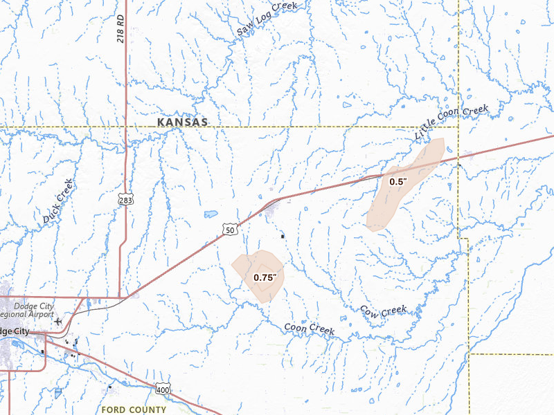 Radar-estimated hail-size map of the storm over Spearville, KS on May 31, 2026