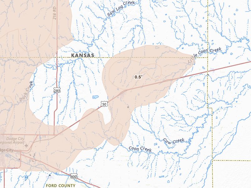 Radar-estimated hail-size map of the storm over Spearville, KS on Jun 1, 2026