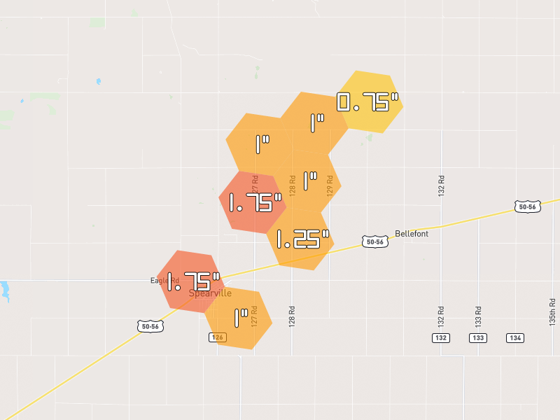 Hail map of Spearville, KS on Jun 2, 2026, hail up to 1.75"