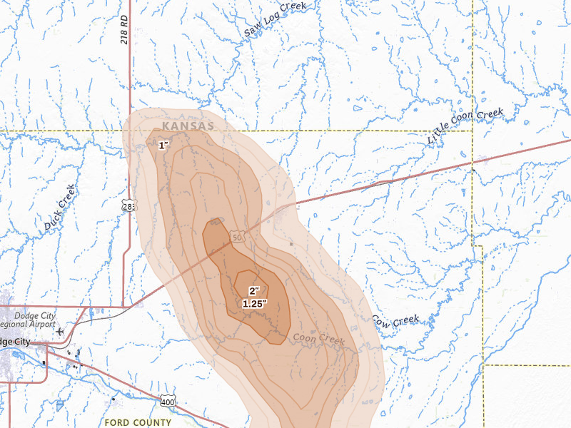 Radar-estimated hail-size map of the storm over Spearville, KS on Jun 16, 2026