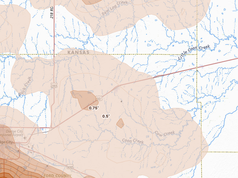 Radar-estimated hail-size map of the storm over Spearville, KS on Jun 20, 2026