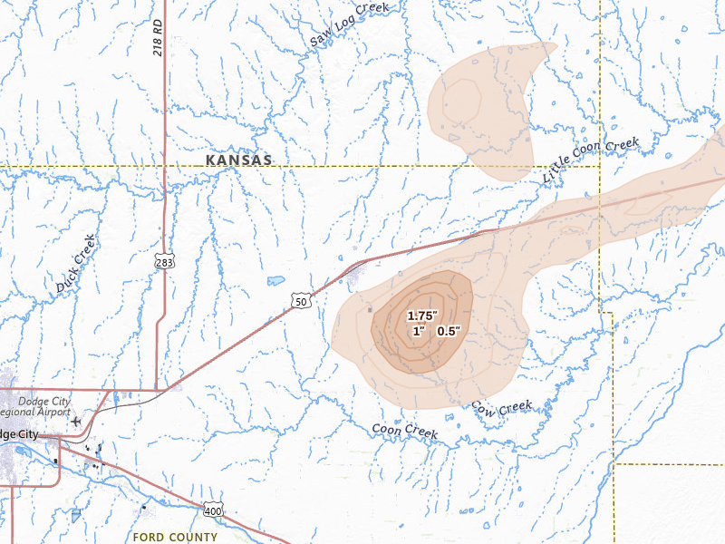 Radar-estimated hail-size map of the storm over Spearville, KS on Jul 9, 2026