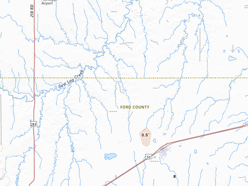 Radar-estimated hail-size map of the storm over Spearville, KS on Aug 8, 2026