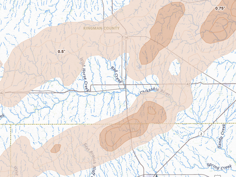 Radar-estimated hail-size map of the storm over Spivey, KS on Mar 10, 2026