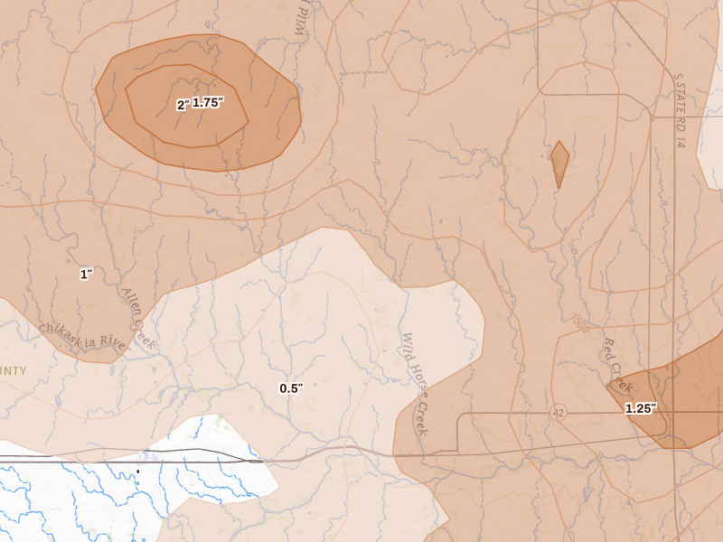 Radar-estimated hail-size map of the storm over Spivey, KS on May 18, 2026