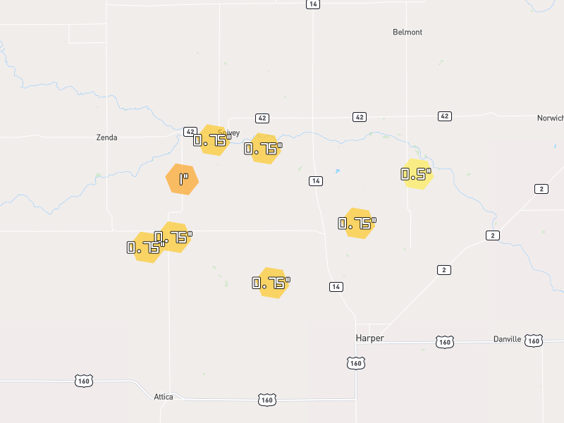 Hail map of Spivey, KS on Jun 2, 2026, hail up to 1"