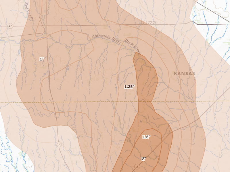 Radar-estimated hail-size map of the storm over Spivey, KS