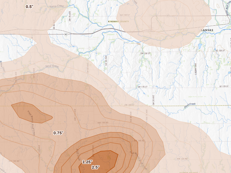 Radar-estimated hail-size map of the storm over Spivey, KS on Sep 12, 2026