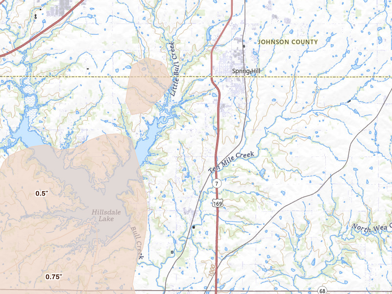Radar-estimated hail-size map of the storm over Spring Hill, KS on Apr 17, 2026