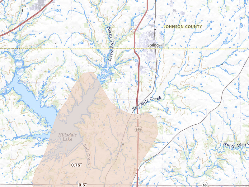 Radar-estimated hail-size map of the storm over Spring Hill, KS on May 30, 2026