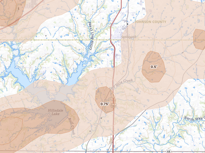 Radar-estimated hail-size map of the storm over Spring Hill, KS on Aug 5, 2026