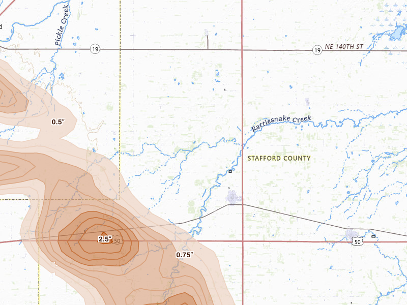 Radar-estimated hail-size map of the storm over St John, KS on Apr 25, 2026