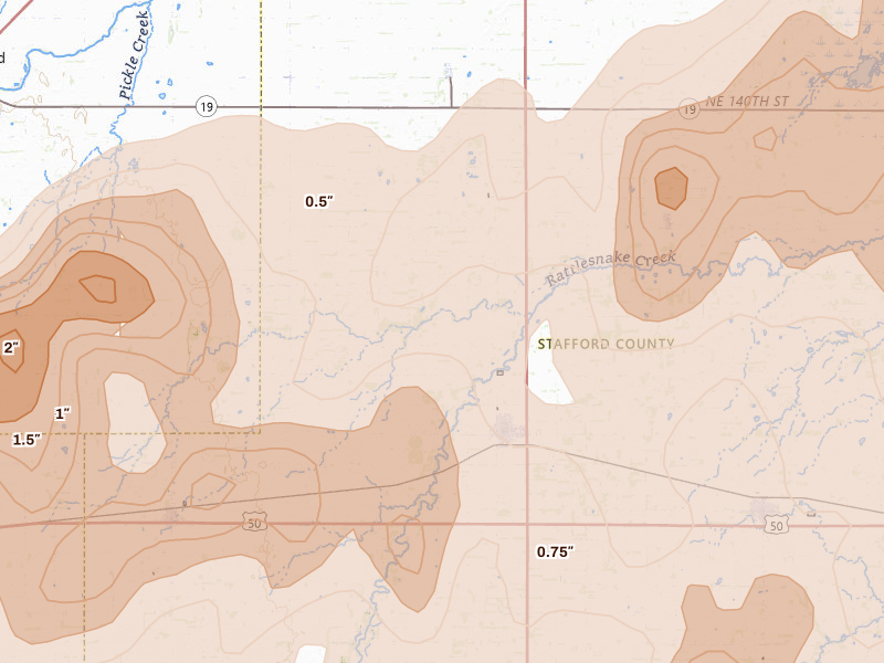 Radar-estimated hail-size map of the storm over St John, KS on May 18, 2026