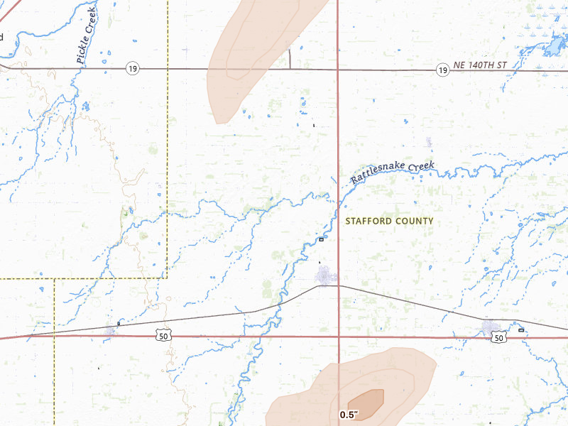 Radar-estimated hail-size map of the storm over St John, KS on May 29, 2026