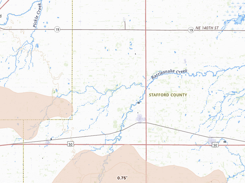 Radar-estimated hail-size map of the storm over St John, KS on Jun 1, 2026