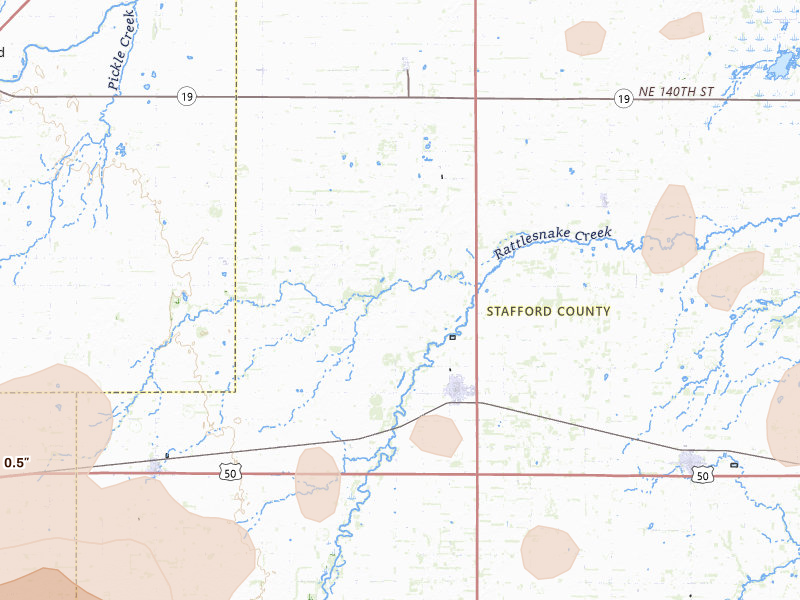 Radar-estimated hail-size map of the storm over St John, KS on Jun 20, 2026