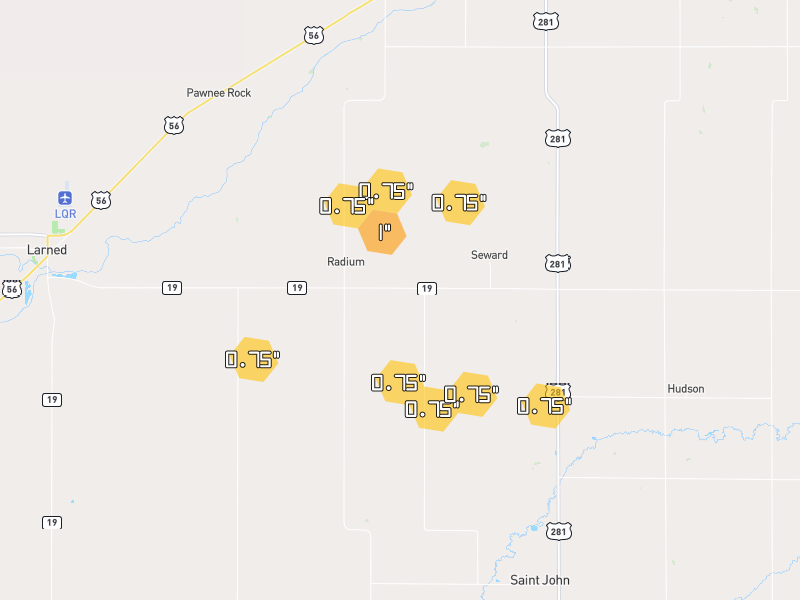 Hail map of St John, KS on Jun 26, 2026, hail up to 1"
