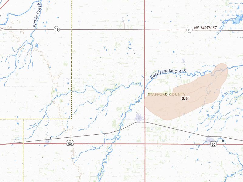 Radar-estimated hail-size map of the storm over St John, KS on Jul 4, 2026