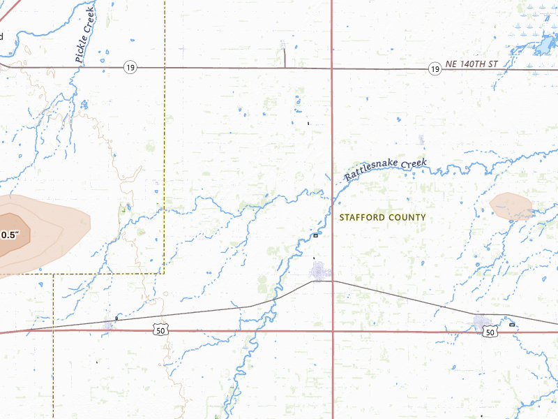 Radar-estimated hail-size map of the storm over St John, KS on Jul 9, 2026