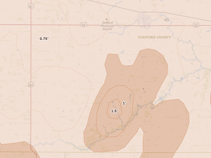 Radar-estimated hail-size map of the storm over Stafford, KS on May 18, 2026