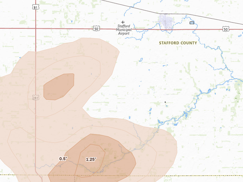 Radar-estimated hail-size map of the storm over Stafford, KS on May 29, 2026