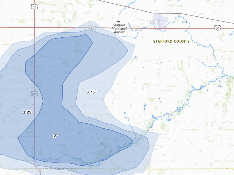 NEXRAD radar-signature map of the hail storm over Stafford, KS on May 29, 2026