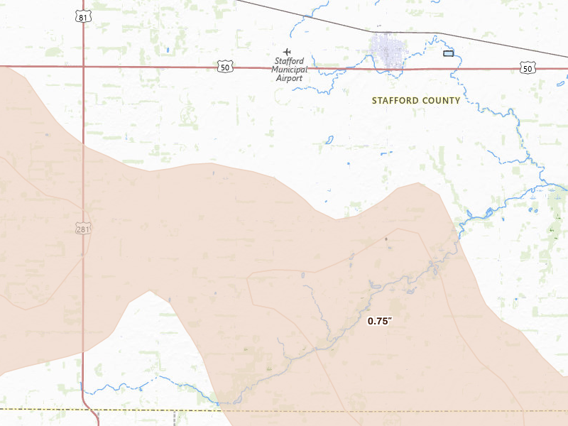 Radar-estimated hail-size map of the storm over Stafford, KS on Jun 1, 2026