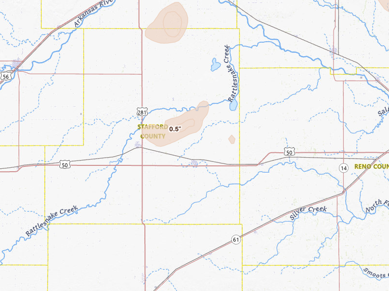 Radar-estimated hail-size map of the storm over Stafford, KS on Jul 4, 2026