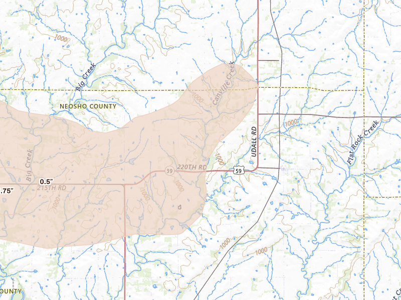 Radar-estimated hail-size map of the storm over Stark, KS on May 31, 2026