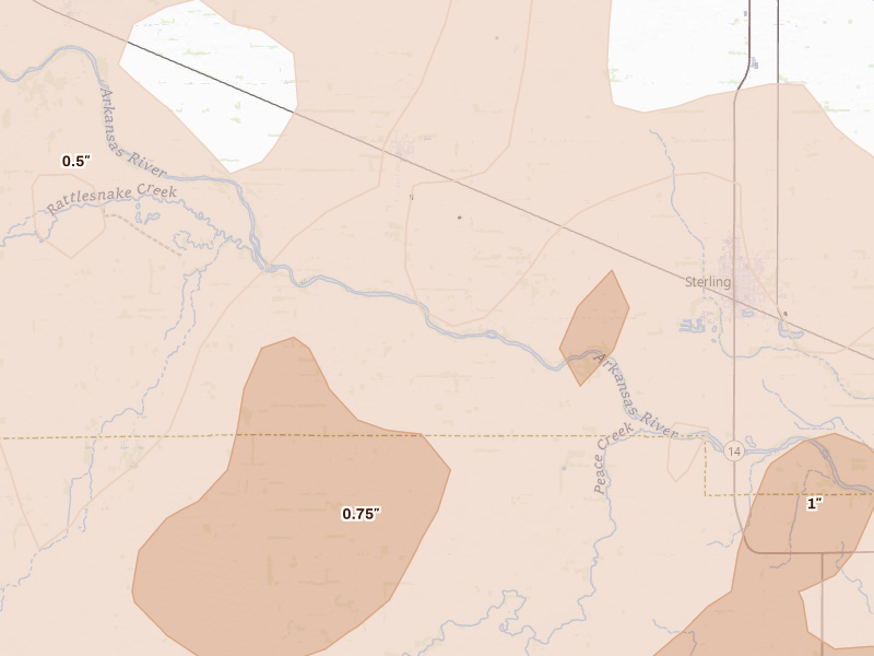 Radar-estimated hail-size map of the storm over Sterling, KS on May 18, 2026