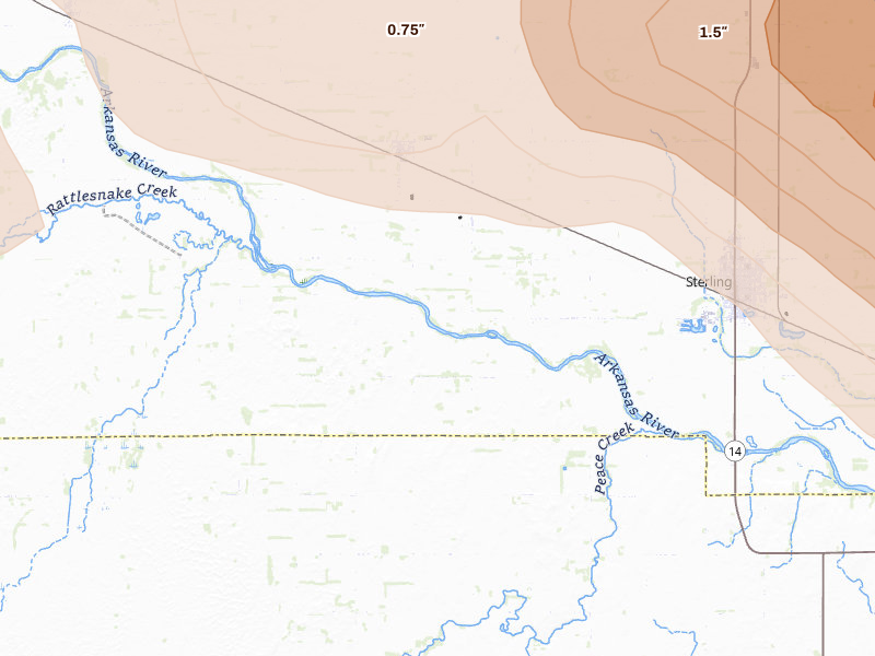 Radar-estimated hail-size map of the storm over Sterling, KS on Jun 10, 2026